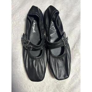 Free People Gemini Double Strap Black Leather Ballet Flats Shoes Womens Size 8.5